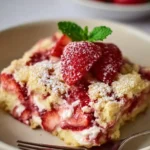 Delicious strawberry cheesecake dump cake topped with fresh strawberries