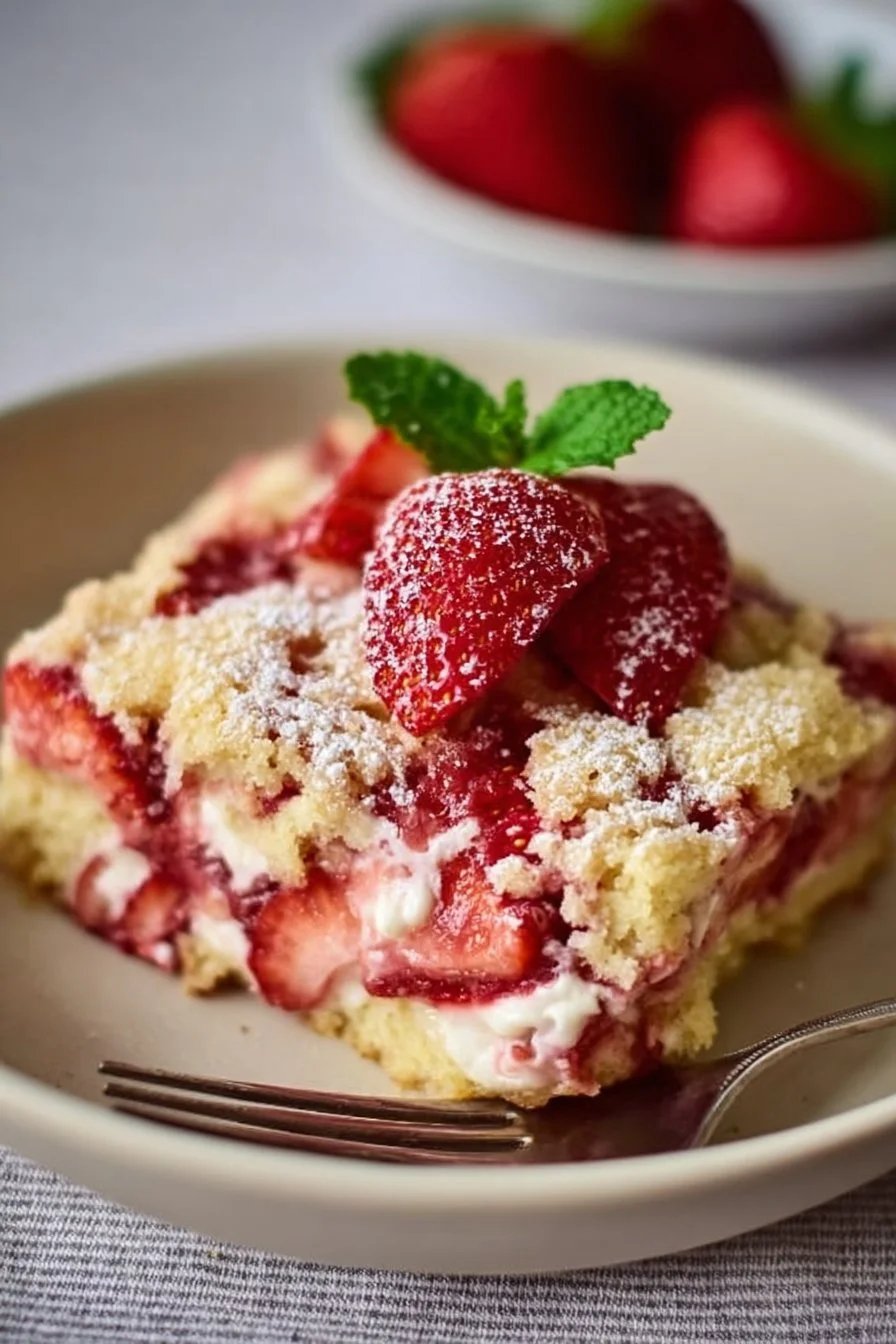 Delicious strawberry cheesecake dump cake topped with fresh strawberries