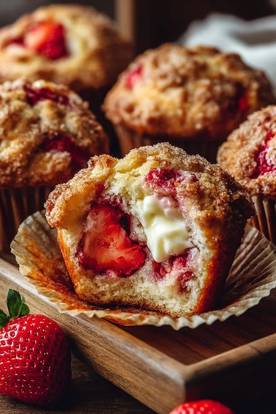 Freshly baked strawberry cream cheese muffins on a cooling rack