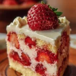 Delicious Strawberry Custard Cake topped with fresh strawberries and custard cream