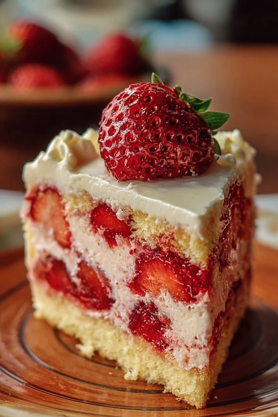 Delicious Strawberry Custard Cake topped with fresh strawberries and custard cream