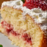 Slice of Strawberry Italian Cream Pound Cake topped with fresh strawberries.