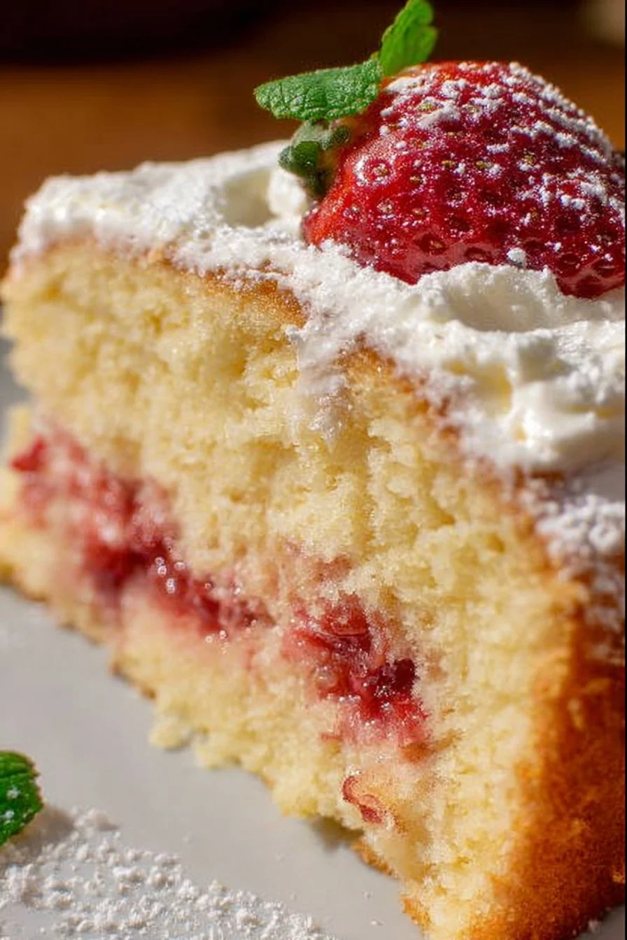 Slice of Strawberry Italian Cream Pound Cake topped with fresh strawberries.