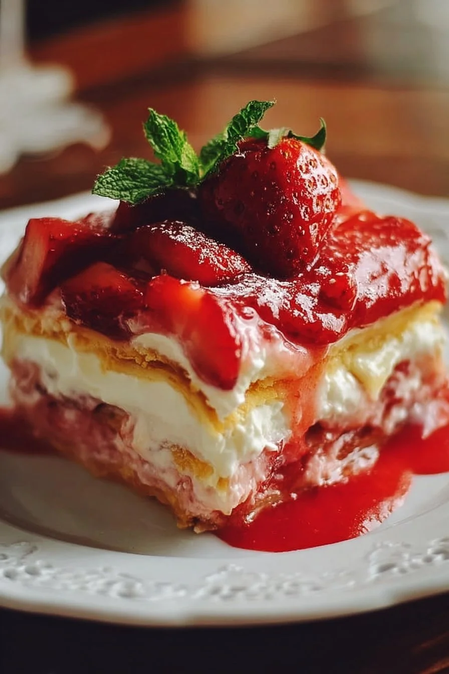 Delicious Strawberry Lasagna with layers of strawberries and creamy filling
