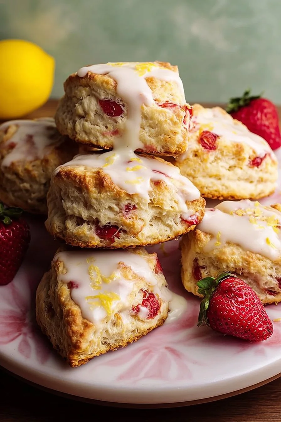 Freshly baked strawberry lemon cream scones on a rustic table