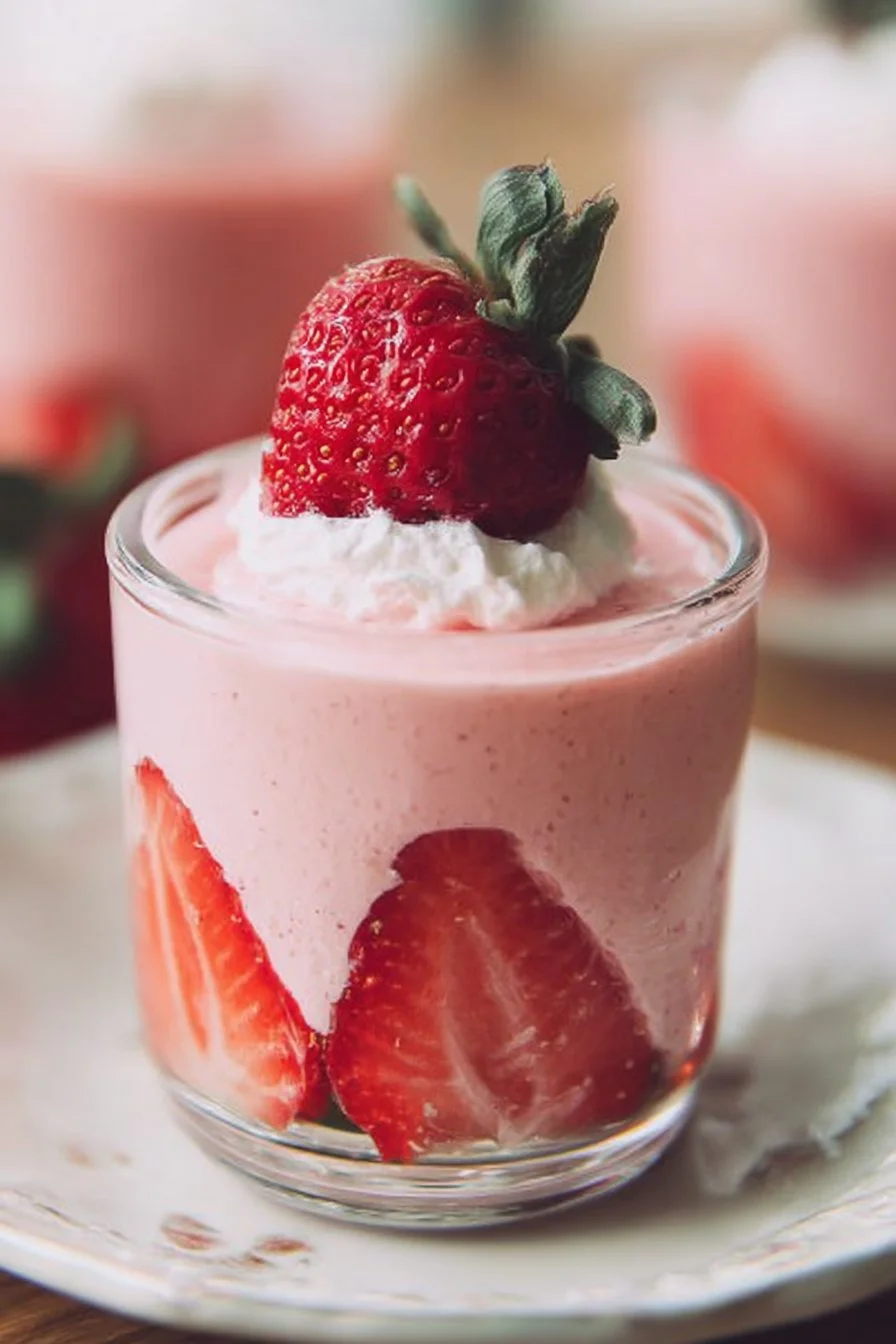 Delicious homemade strawberry mousse served in a glass with fresh strawberries