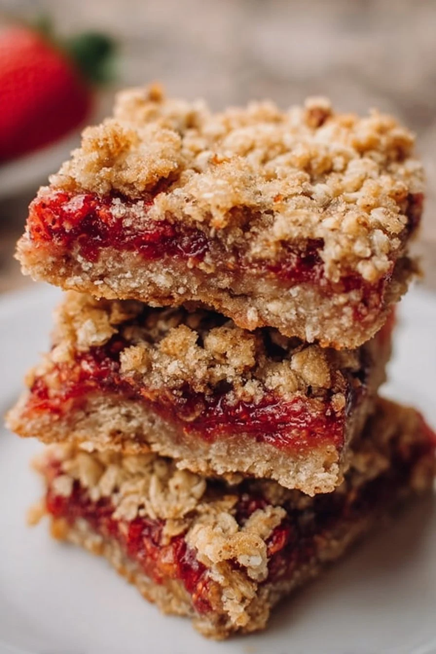Homemade strawberry oatmeal bars topped with fresh strawberries and oats