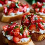 Delicious Strawberry Ricotta Bruschetta topped with fresh strawberries on toasted bread