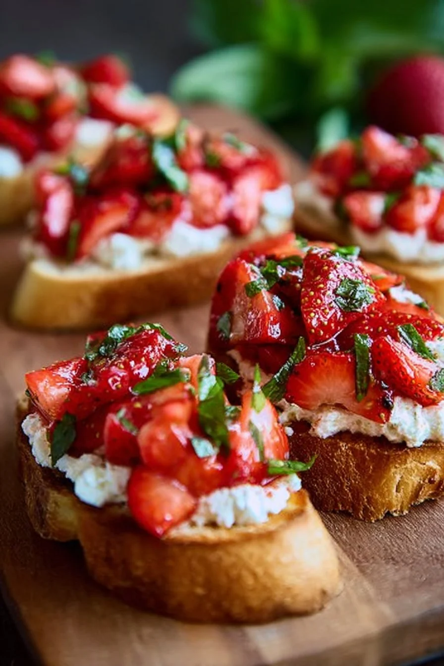Delicious Strawberry Ricotta Bruschetta topped with fresh strawberries on toasted bread