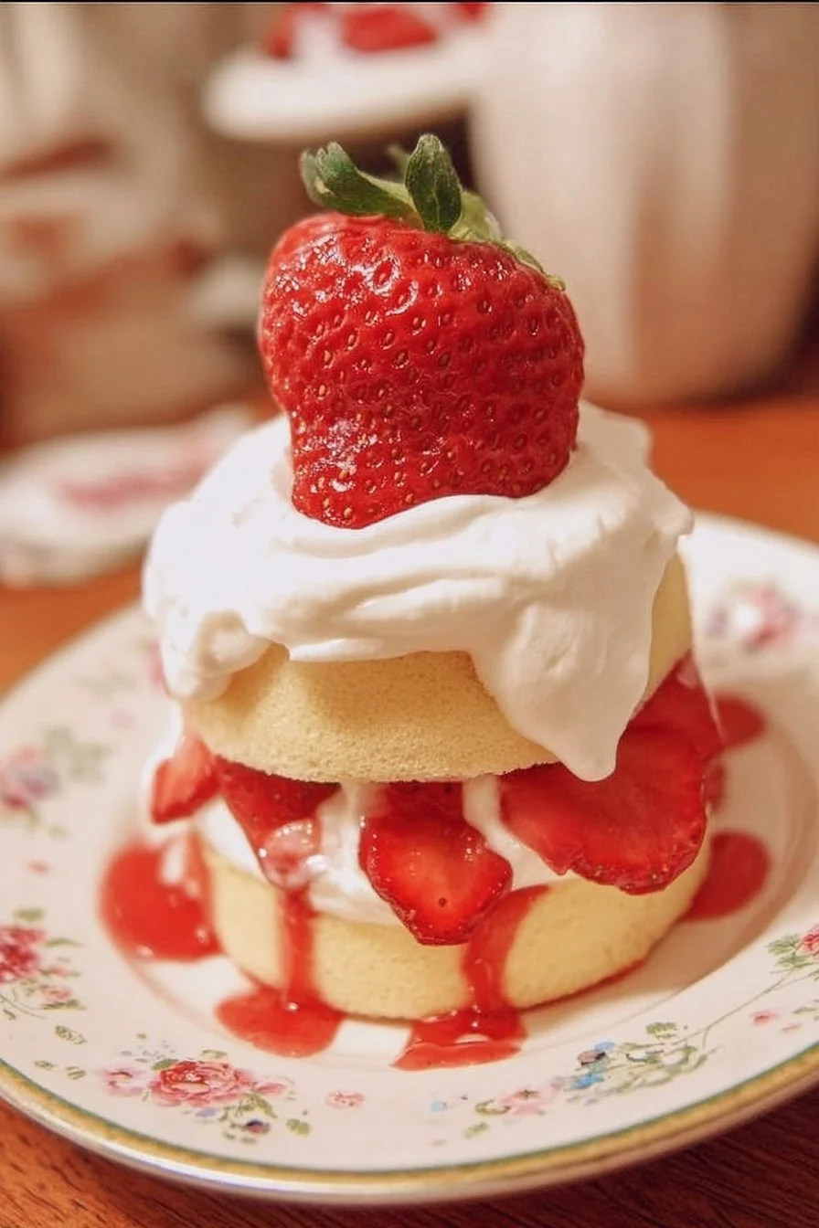 Delicious strawberry shortcake with juicy strawberries and whipped cream topping