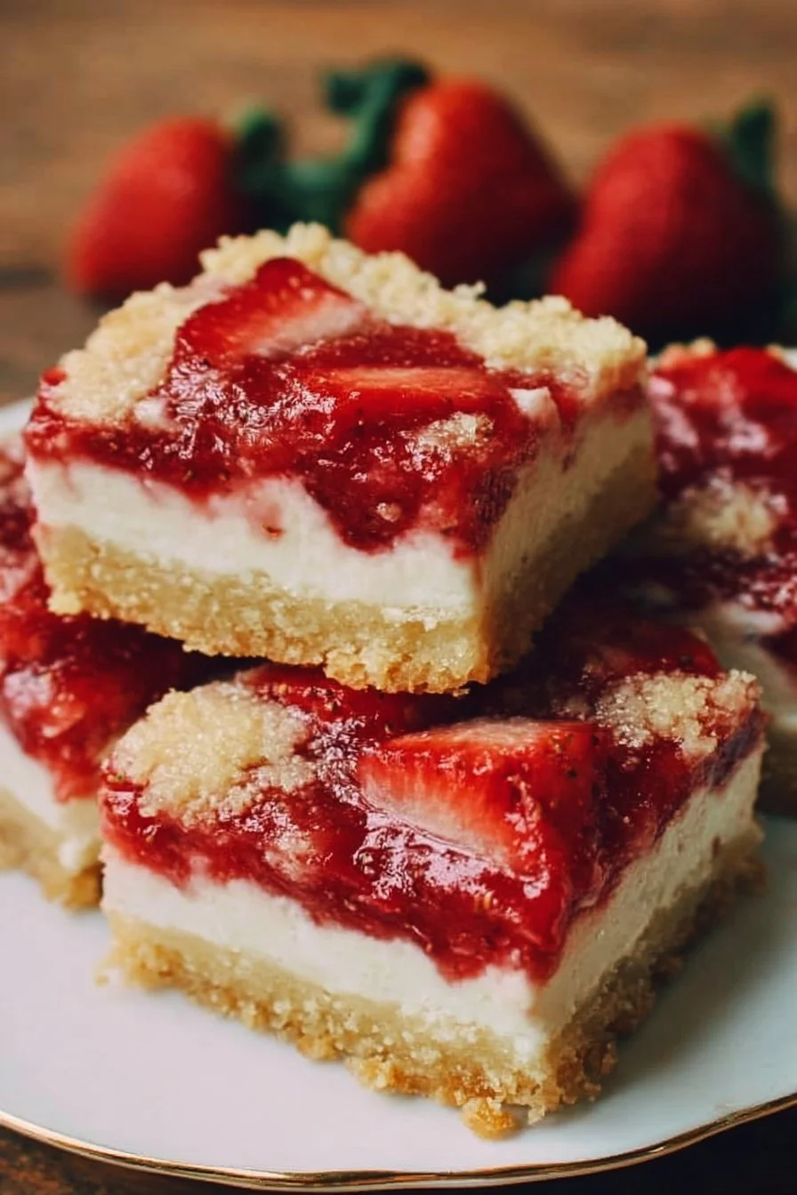 Strawberry Shortcake Bars 2 Delicious homemade strawberry shortcake bars served on a white plate