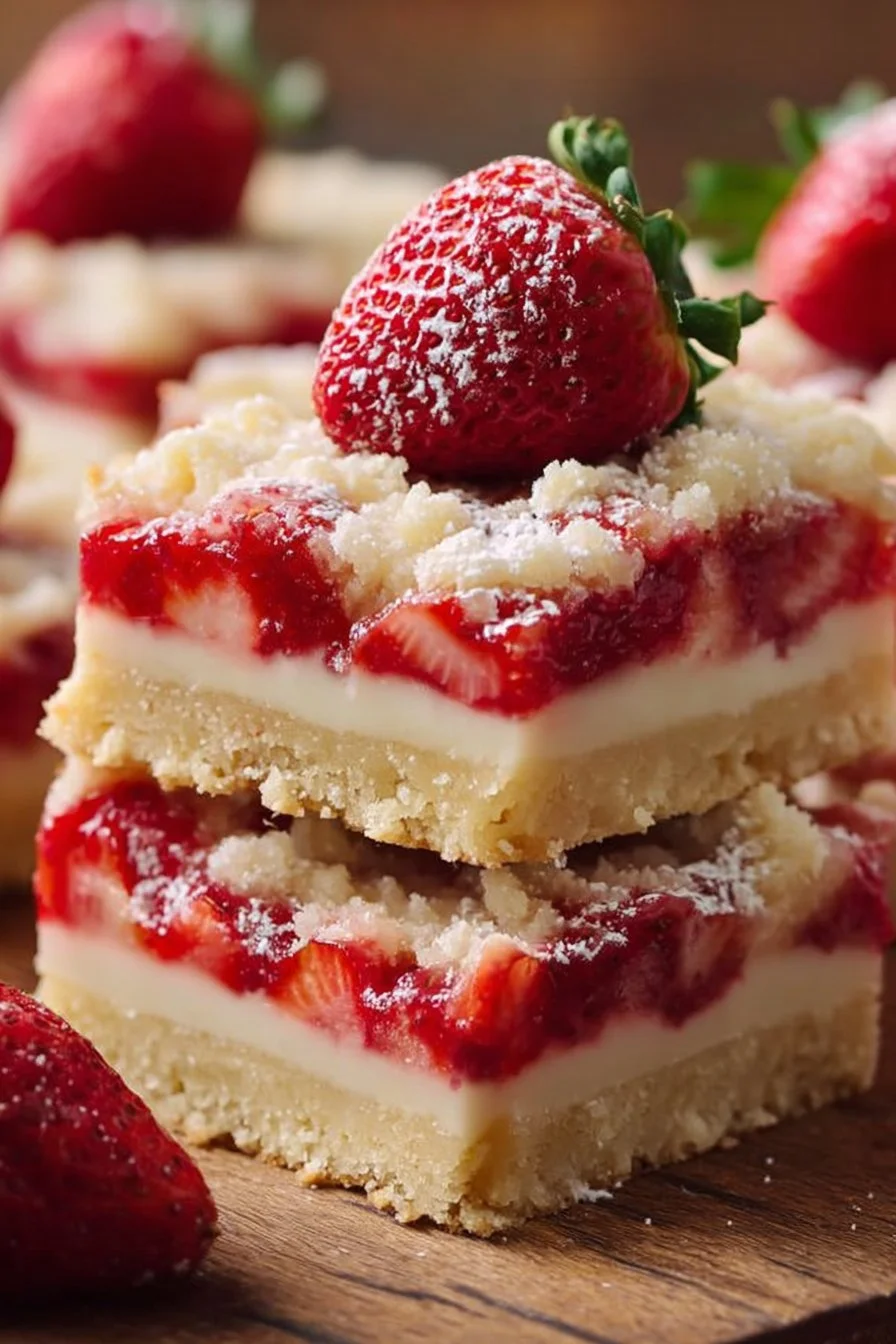 Strawberry Shortcake Bars 2 Delicious strawberry shortcake bars topped with fresh strawberries and whipped cream