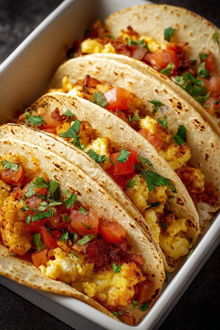Tasty Baked Breakfast Tacos 2 Delicious baked breakfast tacos with eggs, cheese, and toppings
