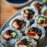Teriyaki chicken sushi rolls with fresh vegetables and rice.