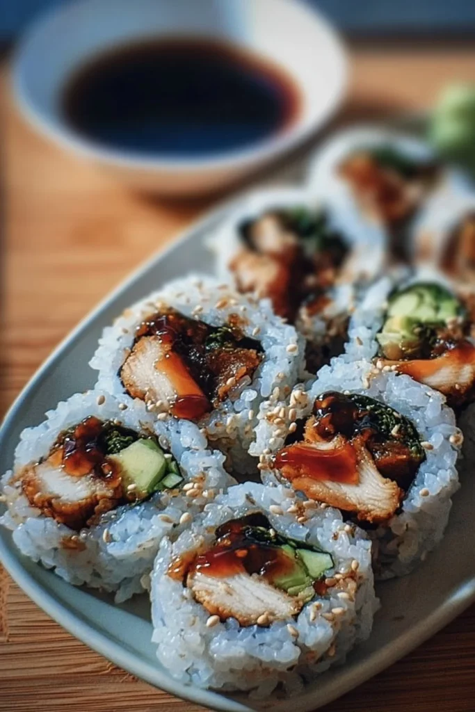 Teriyaki chicken sushi rolls with fresh vegetables and rice.