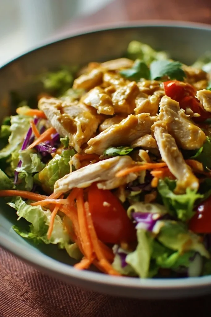 Bowl of Thai Chicken Salad with Peanut Dressing topped with fresh herbs and vegetables.