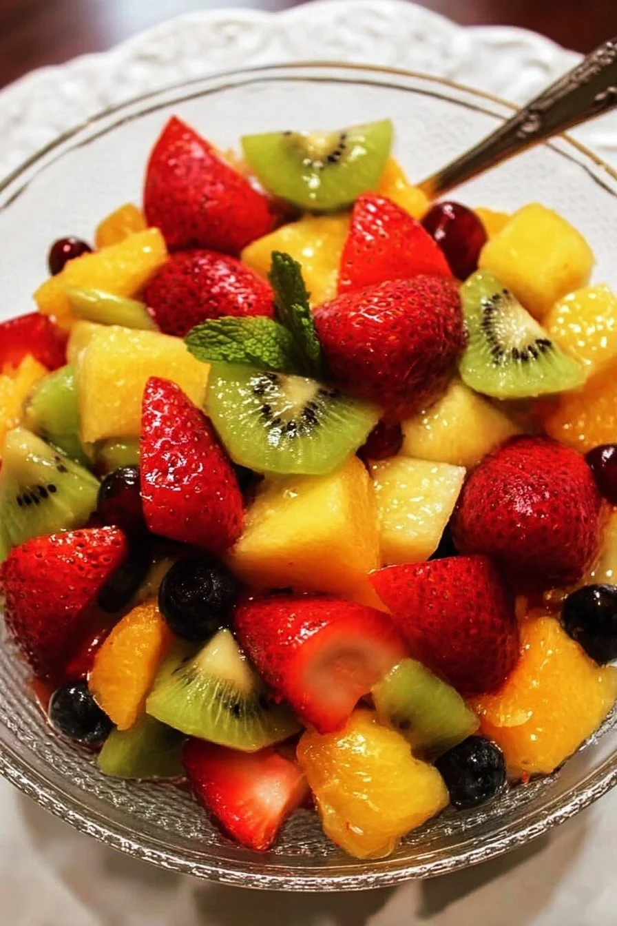 A colorful bowl of fresh fruit salad with a variety of fruits