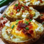 Twice baked loaded breakfast potatoes topped with cheese, bacon, and green onions
