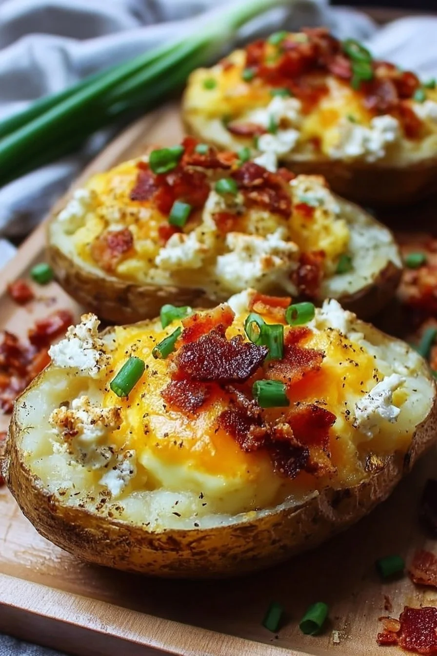 Twice baked loaded breakfast potatoes topped with cheese, bacon, and green onions