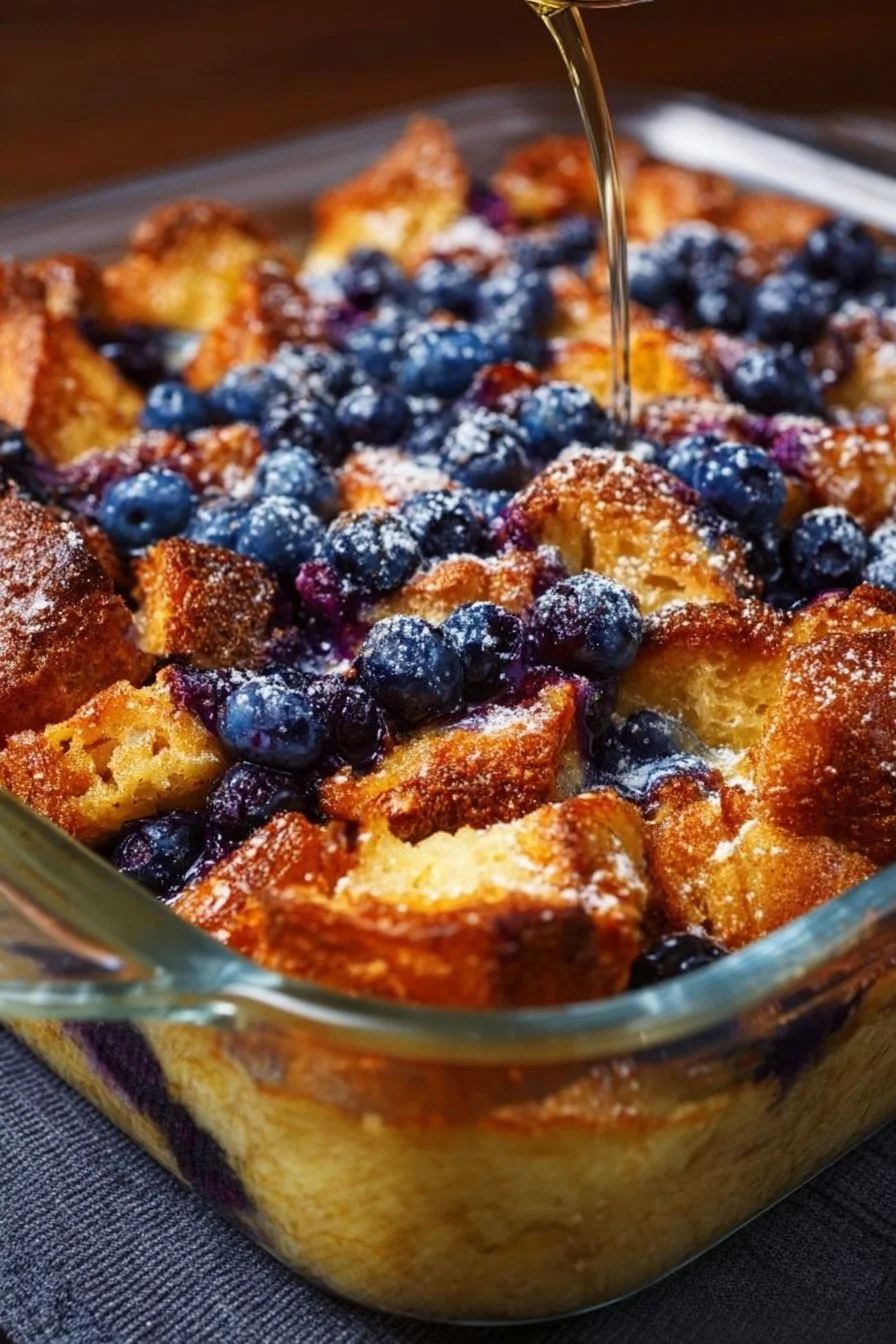 Delicious blueberry french toast casserole topped with fresh blueberries and syrup