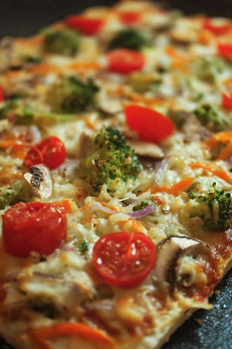 Delicious Vegetable Pizza topped with fresh vegetables and herbs