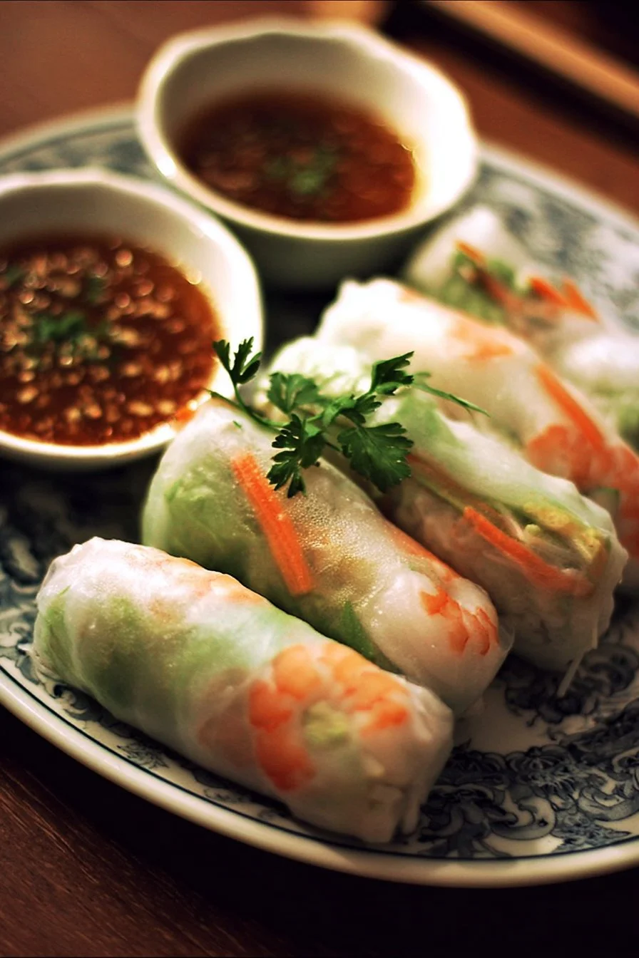 Plate of fresh Vietnamese spring rolls with herbs and dipping sauce