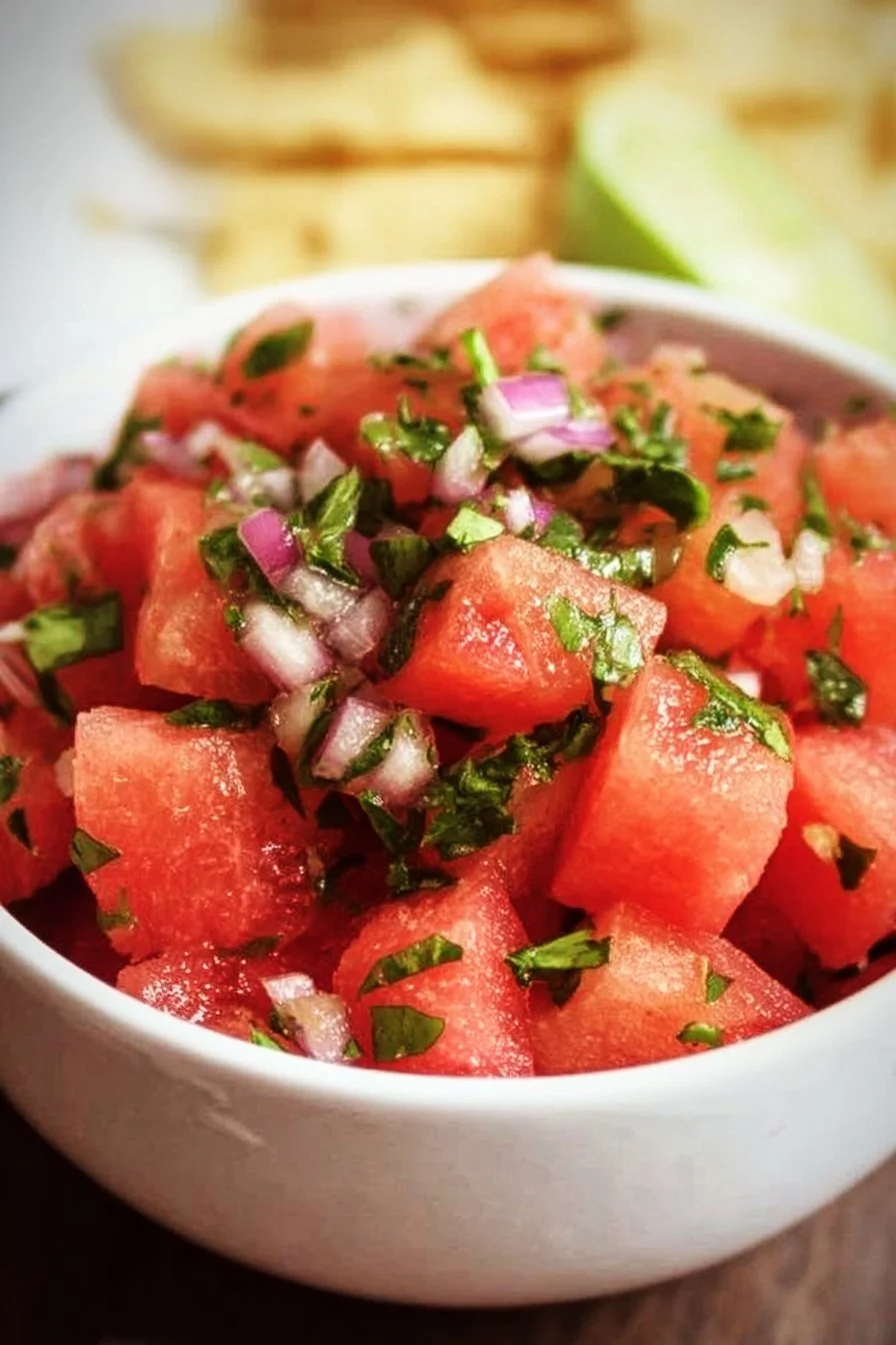 Freshly made Watermelon Salsa with diced watermelon, jalapeños, and cilantro