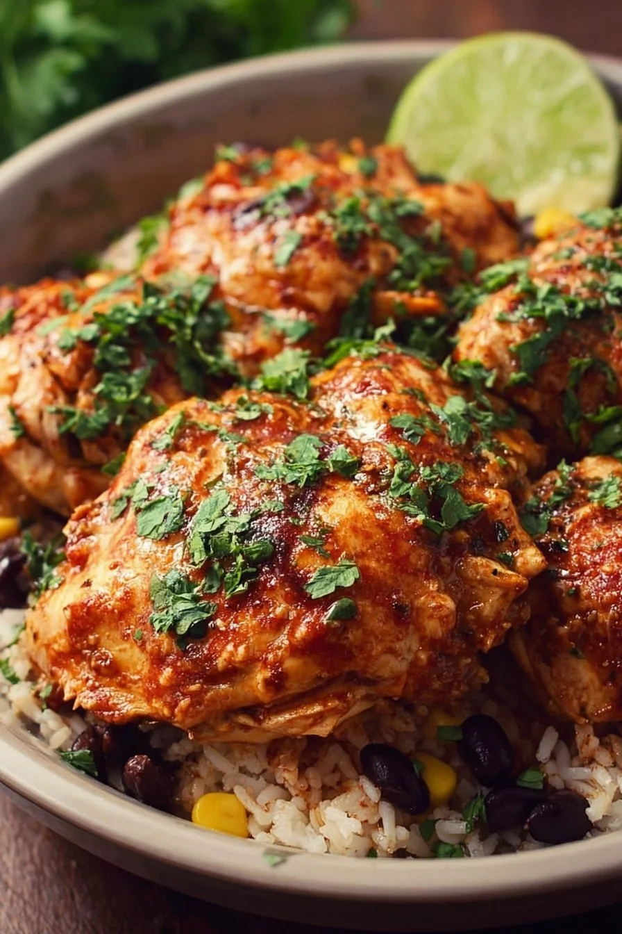 Plate of Weight Watchers Fiesta Chicken garnished with fresh herbs and vegetables