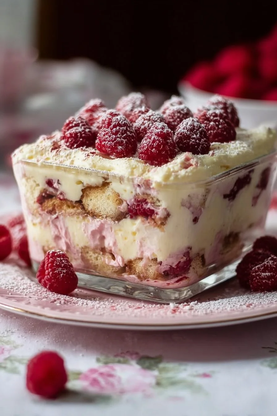 Delicious White Chocolate Raspberry Tiramisu dessert served in a fancy dish.