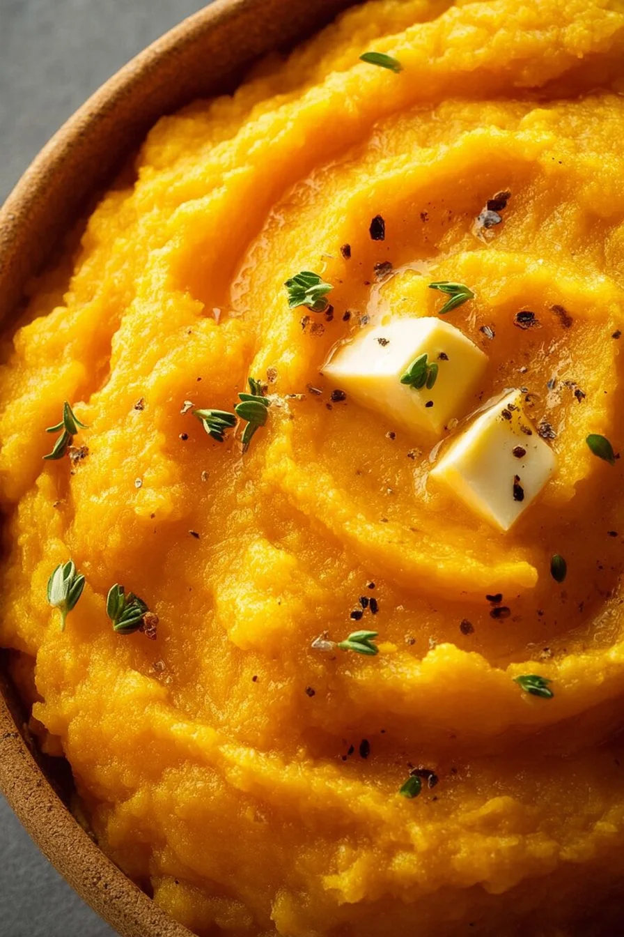 Bowl of creamy mashed butternut squash topped with herbs and spices.